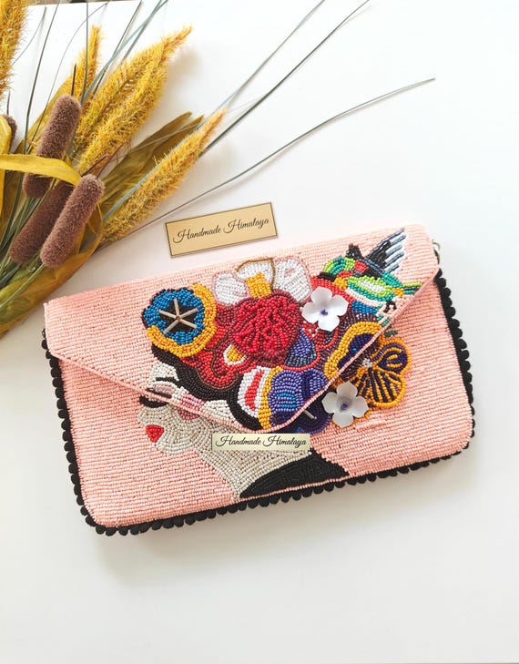 Pink Floral Beaded Clutch | Japanese Geisha Art Purse | Vibrant Lady Face Boho Crossbody