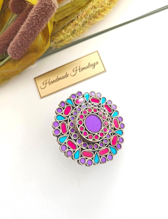 Purple Afghan Mirror Ring | Tribal Brass Colorful Glass Jewelry