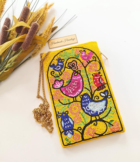Yellow Bird Beaded Phone Bag | Folk Art Embroidered Mobile Clutch | Unique Boho Bird Crossbody Smartphone Pouch