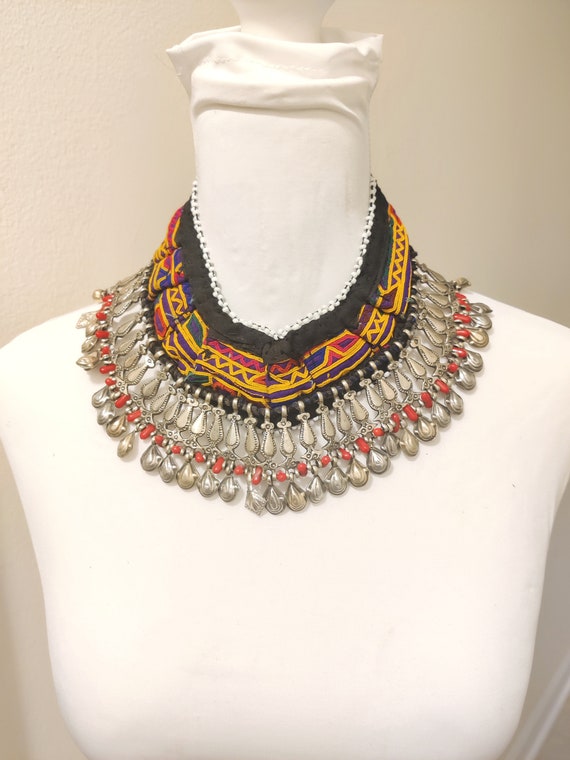 Vintage Afghan Fabric Necklace, Kuchi Tribal Neckl