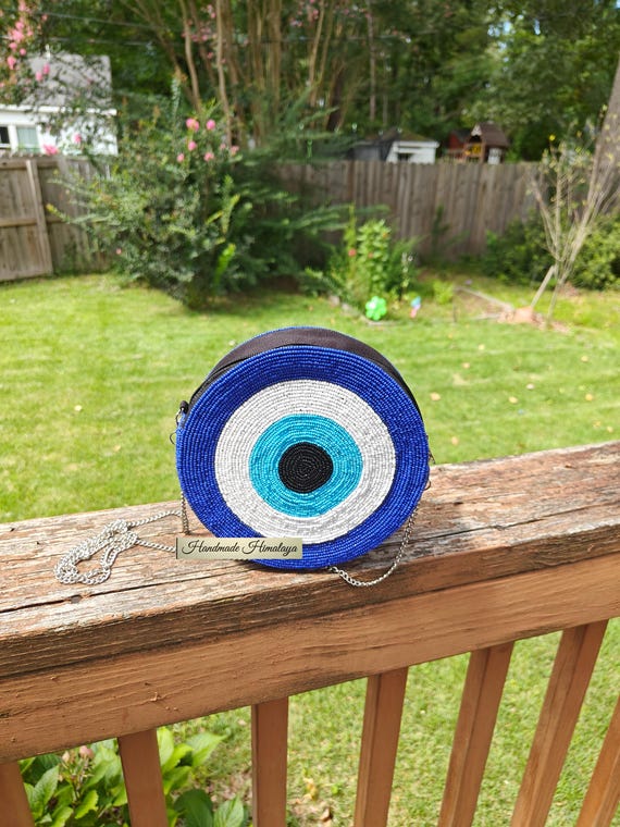 Blue Evil Eye Beaded Clutch, Handcrafted Crossbody Bag, Summer Party Evening Purse, Protection Symbol, Small Round Beaded Bag