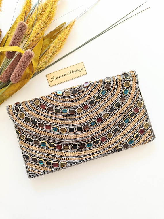Colorful Gemstone Gold Party Clutch | Gray Silver Beaded Evening Bag | Glam Purse for Cocktail Reception