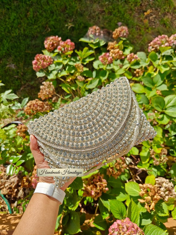 Silver Purse, Wedding Clutch, Party Evening Clutch, Embellished Purse, Seed Bead Bag, Silver Diamond Wristlet, Crossbody Bag, Gift for Her