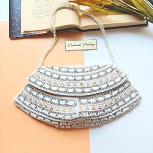 Cartera de novia, cartera de cuentas beige y blanco, cartera de boda, cartera de diamantes de imitación, cartera cruzada, bolso de muñeca, bolso, bolso de noche, cartera pequeña de cuentas