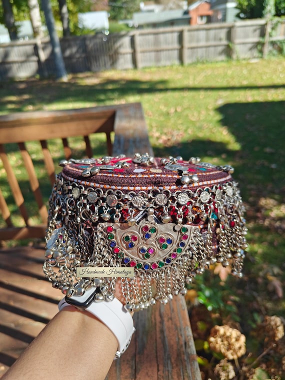 Afghan Halima Sultan Cap: Traditional Belly Dance Hat Embellished Woman Cap Metal Fringes