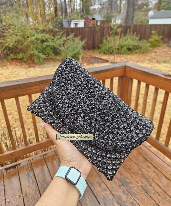 Black Beaded Clutch, Heavily Embellished Beaded Purse, Crossbody Shoulder Bag, Gift For Her, Party Evening Clutch, Rhinestones Black HandBag