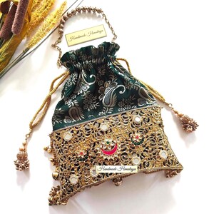 Gold Brass Potli Bag | Kundan Indian Bridal Wedding Purse