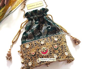 Gold Brass Potli Bag | Kundan Indian Bridal Wedding Purse