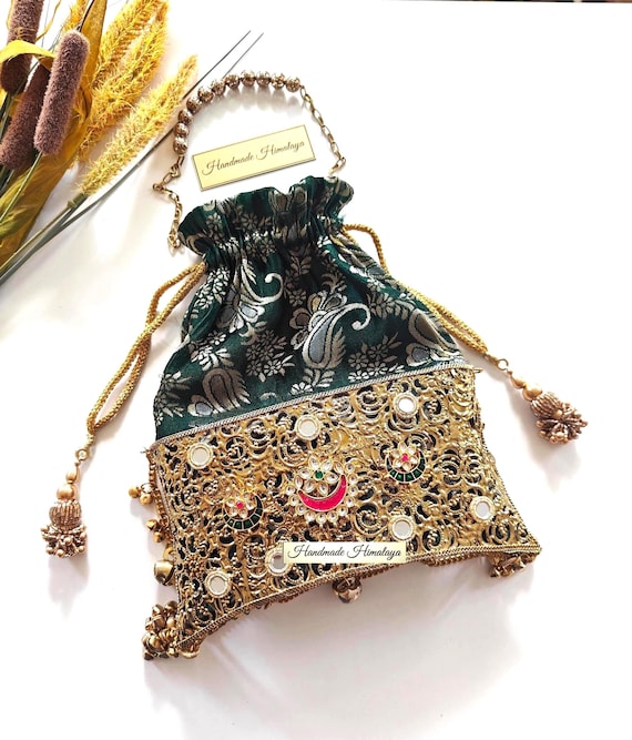 Gold Brass Potli Bag | Kundan Indian Bridal Wedding Purse