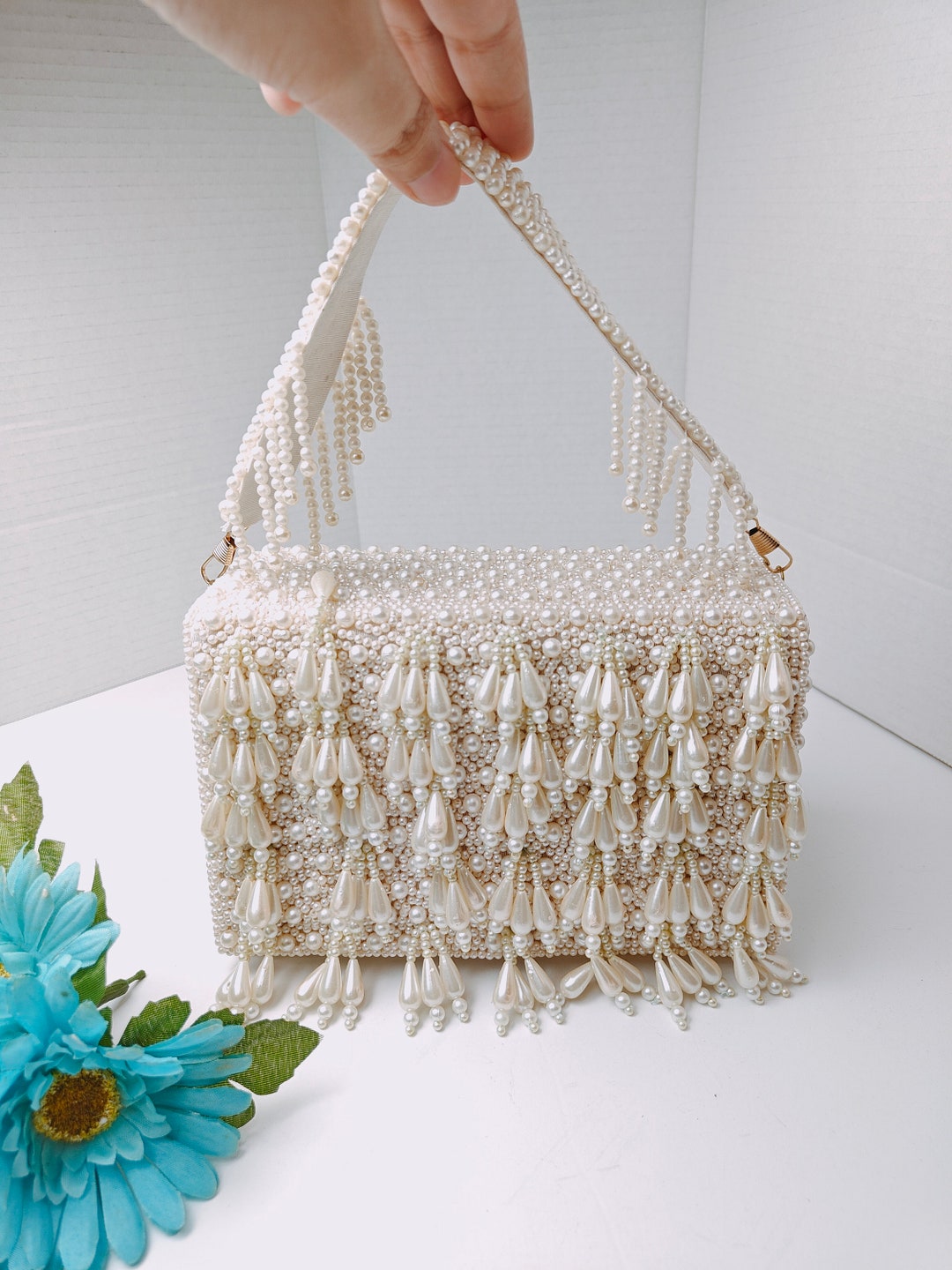 White Beaded Box Bag, Pearl Beaded Bag, Pearl Beaded Clutch Purse