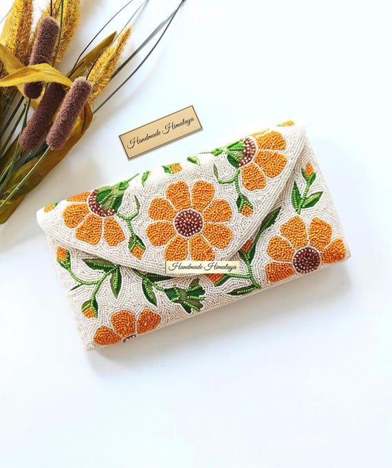Orange Daisy Beaded Clutch