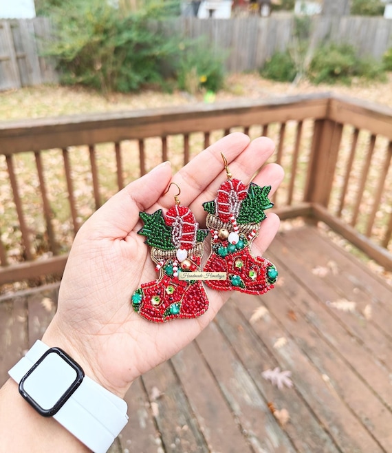 Red Beaded Stocking Earrings, Holiday Seed Bead Dangle Jewelry, Christmas Stocking Statement Earrings