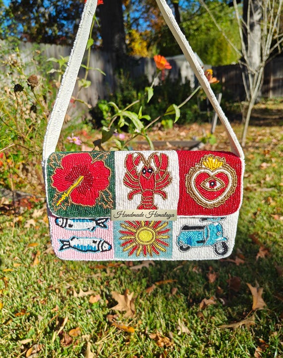 Tropical Beaded Bag, Lobster Sardines Martini Hibiscus Shoulder Bag, Fun Patchwork Vacation Purse, Summer Resort Handbag