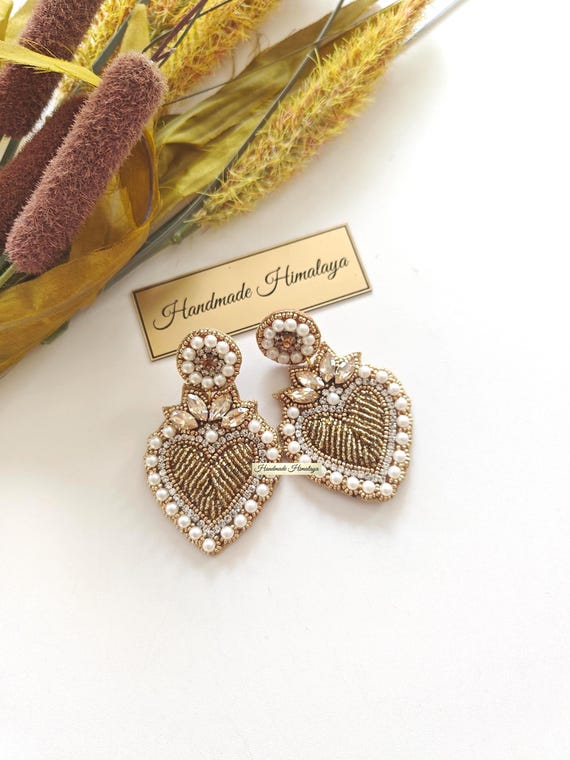 Gold Sacred Heart Beaded Earrings, Champagne Crystal Bridal Dangles, Formal Evening Party Studs