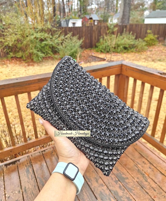 Black Beaded Clutch Purse | Sparkling Rhinestone Evening Bag | Crystal Wedding Envelope Crossbody