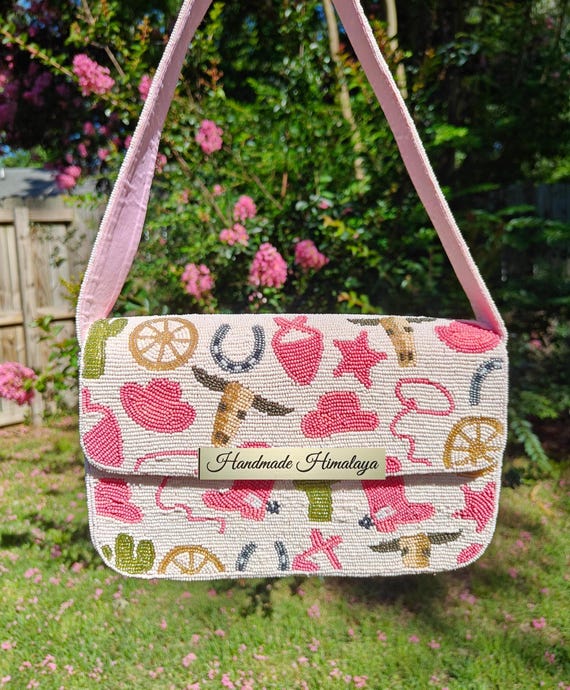 Western Beaded Bag, Pink Cowgirl Purse with Cactus Boots, Rodeo Shoulder Purse, Yeehaw HandBag, Country Gift for Her