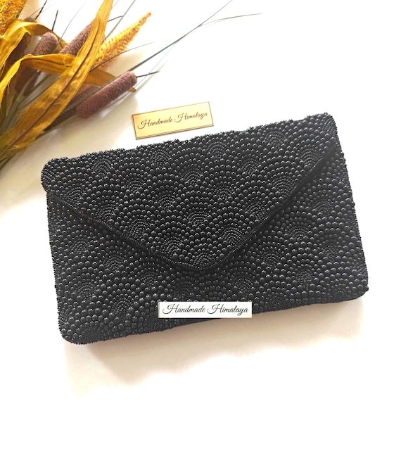 Black Pearl Beaded Clutch | Scalloped Wedding Evening Bag
