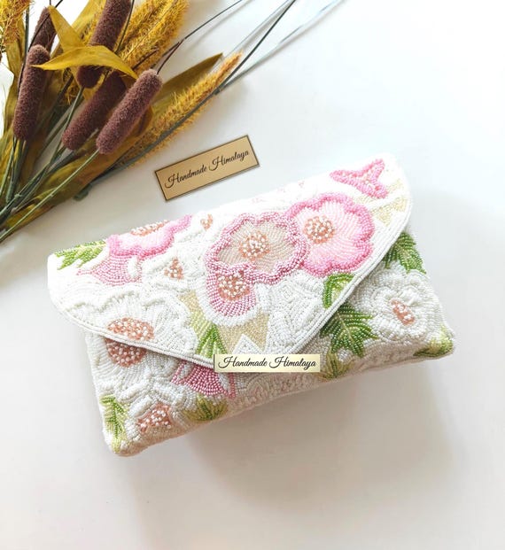 White Beaded Clutch with Pastel Pink Flowers | Handmade Wedding Bridal Evening Purse