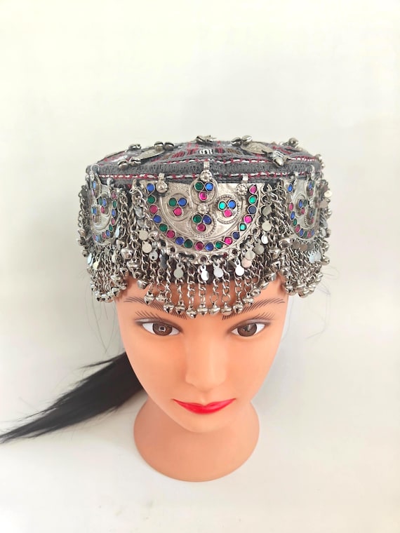Embroidered Afghan Mathapati Cap: Halima Sultan Style Jewel Embellished Hat Gray