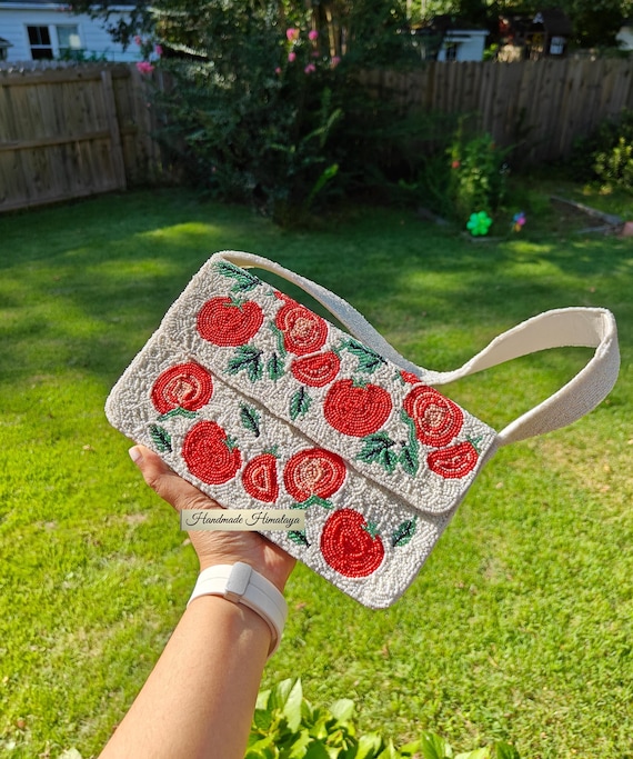 Tomato Beaded Bag, White Beaded Shoulder Bag, Red Veggies Bag, Beaded Handbags for Summer