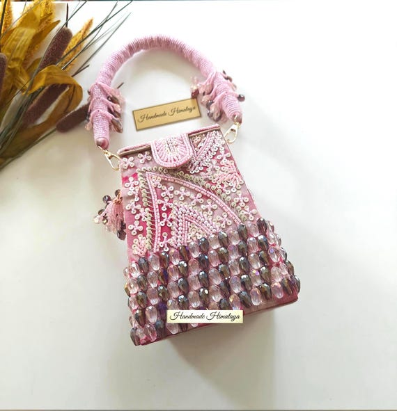 Pink Beaded Bridal Bag | Wedding Top Handle Bag | Purple Crystal Evening Clutch