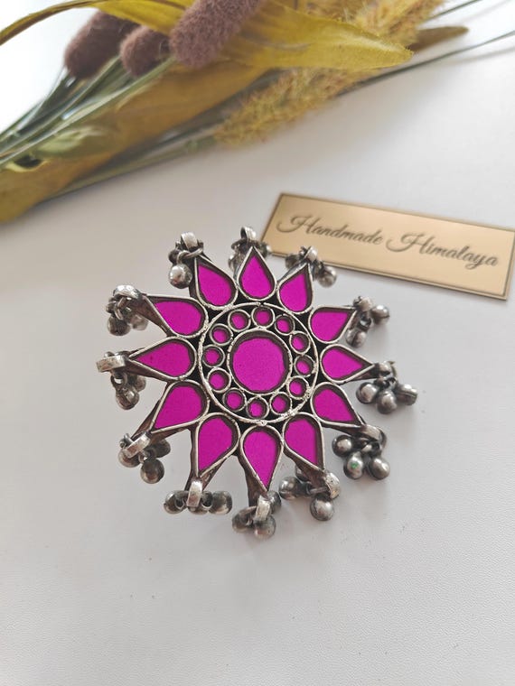 Pink Afghan Mirror Ring, Tribal Ethnic Jewelry, Indian Glass Big Brass Ring, BellyDancer Gifts, Gypsy Hippie Boho Summer Accessories