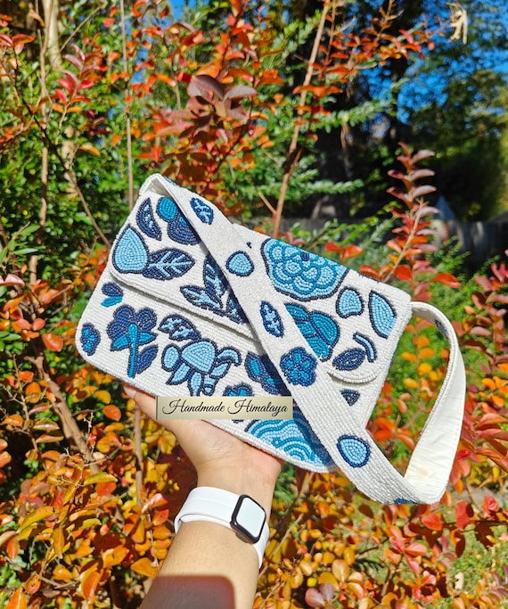 Blue Floral Beaded Bag, Wedding Shoulder Bags, Bridal Purse, Flower Evening Bag, Beaded Handbags