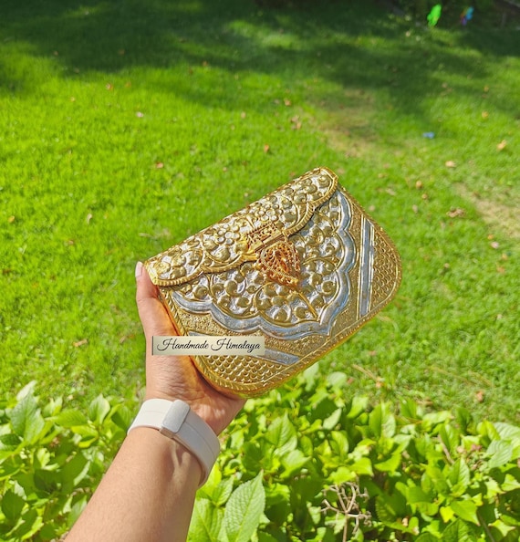 Dual Tone Metal Purse, Brass Evening Bag, Floral Engraved Handbag, Antique Clutch, Indian Wedding Purse, Gold Metal Bag, Festival Purse Gift