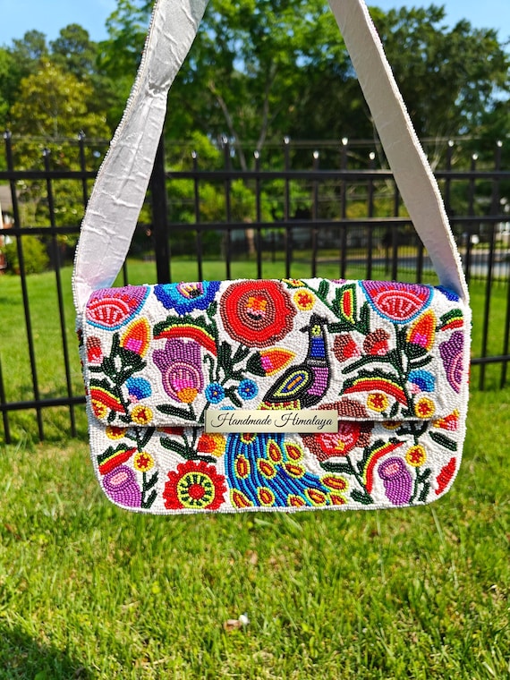 Peacock Beaded Handbag | Floral Seed Bead Purse & Folk Art Beaded Purse Clutch