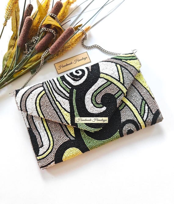 Black White Green Beaded Clutch | Abstract Pattern Envelope Evening Clutch Bag