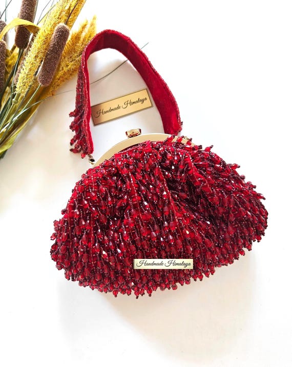 Deep Red Beaded Evening Bag | Crystal Fringe Party Purse