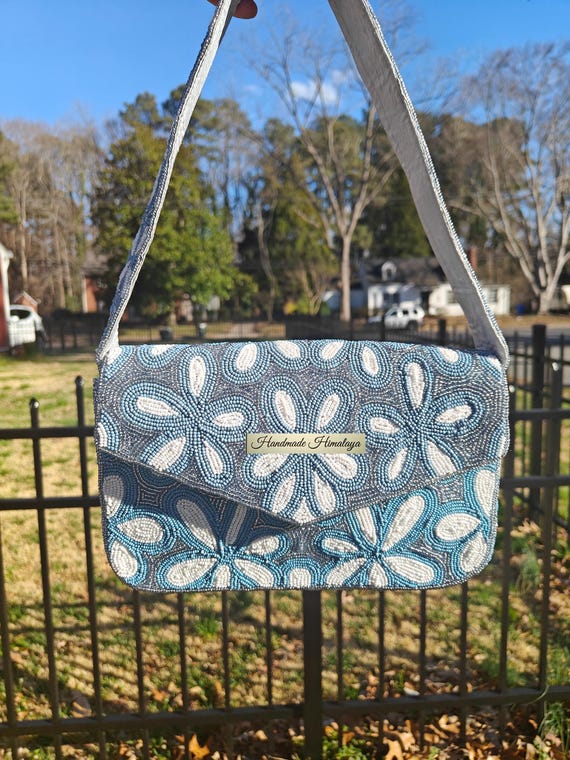 Dusty Blue Floral Beaded Shoulder Bag | Something Blue Bridal Clutch | Boho Garden Party Handbag