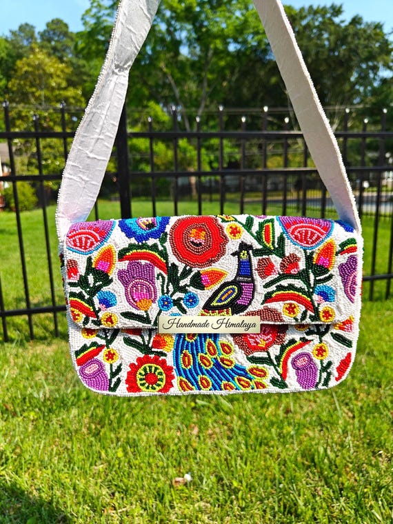 Peacock Beaded Bag | Floral Garden Bird Bridal Wedding Shoulder Purse