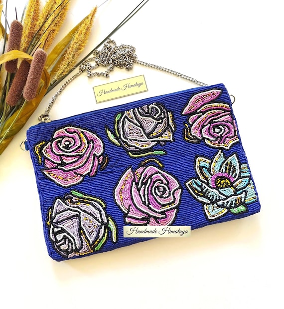 Blue Floral Beaded Evening Bag, Rose Embroidered Shoulder Clutch