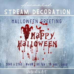 Puede incluir: Decoración de transmisión animada de Halloween con el texto "Happy Halloween" en una fuente que gotea como sangre. El diseño incluye un fantasma, murciélagos y estrellas. El fondo es una superficie texturizada de color azul claro.