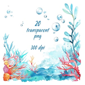 20 fonds de corail aquarelle. Ensemble 3. Cadre sous-marin. Fond marin avec algues, bulles d'air. Lots de cliparts imprimables. PNG transparent.
