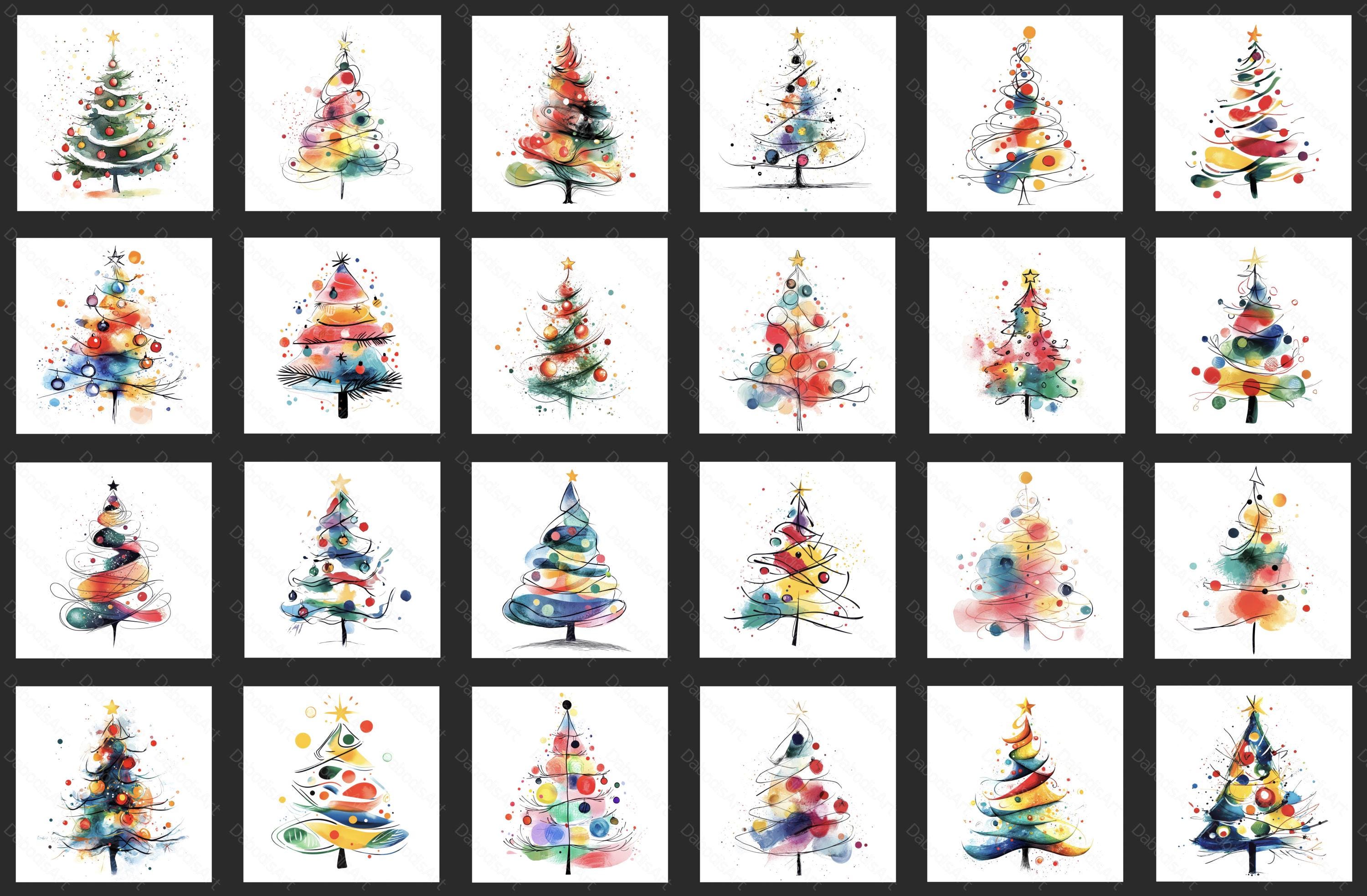 手描き風のクリスマスツリー57点。セット1。風変わりなクリスマス