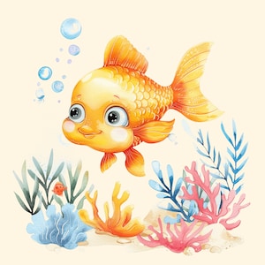 26 Watercolor Fishes. Cute Underwater Sea Creatures. Monochrome Baby Fish with Corals and Algae. Printable Clipart Bundle. Transparent PNG