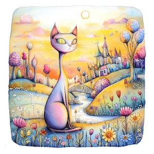 Op de afbeelding: Een aquarel schilderij van een paarse kat die in een veld met bloemen zit. De kat kijkt naar rechts en er is een klein stadje op de achtergrond. De lucht is een levendige oranje en gele kleur.