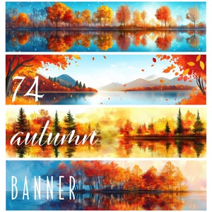 Può includere: Quattro banner autunnali con un lago e alberi con foglie rosse, arancioni e gialle. I banner mostrano il testo "74 autumn banner".