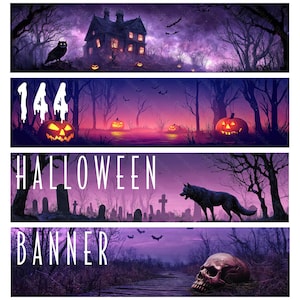 144 ハロウィン バナー -8- 紫色の秋の不気味な背景。頭蓋骨、カボチャ、猫、オオカミ、お化け屋敷、スケルトン カラス。印刷可能なクリップアート。 JPG