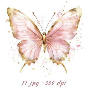 17 Rosa Aquarell Schmetterlinge. Goldene Fantasie Insekten mit Farbspritzer. Boho Stil. Druckbare Clipart Bündel. Kommerzielle Nutzung. JPG