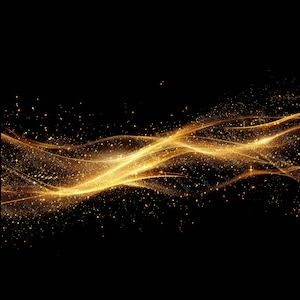 Puede incluir: Fondo abstracto con una ola dorada de luz y destellos sobre un fondo negro.