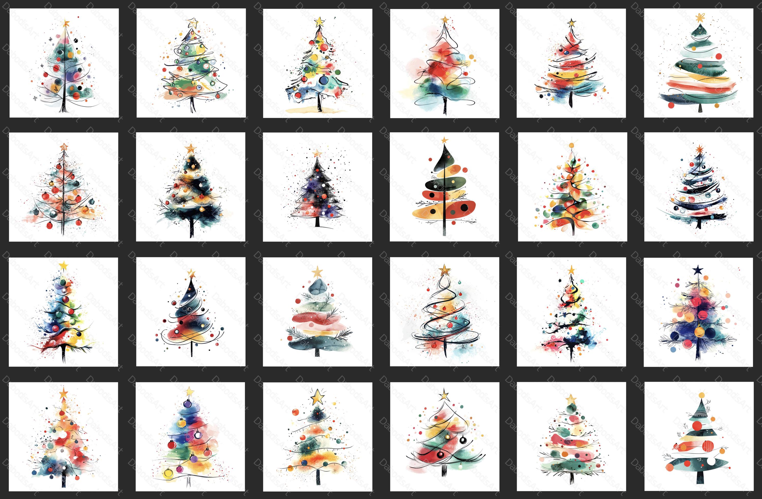 手描き風のクリスマスツリー57点。セット1。風変わりなクリスマス