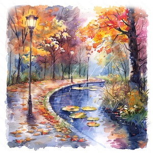 20 Watercolor autumn parks at night in rain. Glowing street lamps. Pond water lilies. Bridges. Printable clipart bundle. High resolution JPG