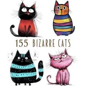155 gatos extraños. Mascotas abstractas dibujadas a mano. Paquetes de imágenes prediseñadas imprimibles. Uso comercial. JPG de alta resolución.