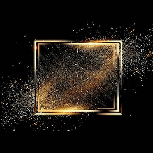 Op de afbeelding: Een dubbele gouden lijst met een zwarte achtergrond en een uitbarsting van gouden glitter in het midden.