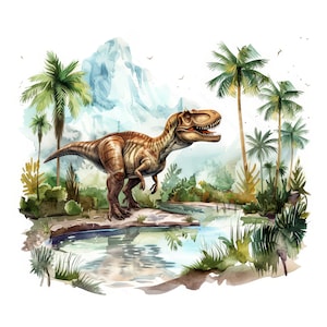 20 Realistic Watercolor Dinosaurs. Prehistoric landscapes. Jungle nature. Mountains, rivers, palm trees. Printable clipart bundle. JPG