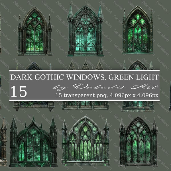 Gothic windows clipart bundle. Mystical green light. 15 dark architecture elements. Transparent png. Commercial use.