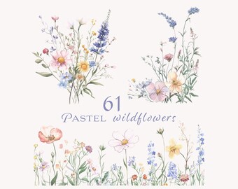 61 Pastell Wildblumen Bordüre. Bunte Sommer Wiesenblumen Rand. Boho Blumen Strauß, Kranz, Ecke. Digital Druckbare Clipart Bündel. JPG